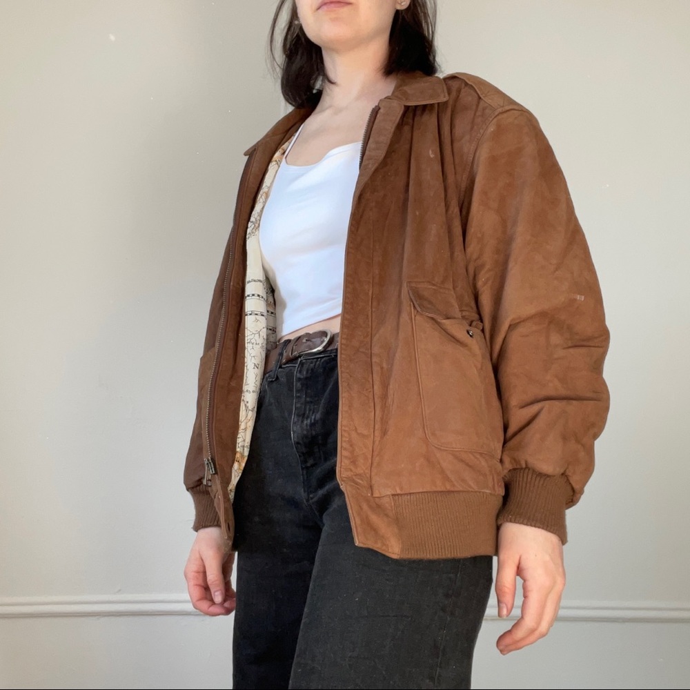 Brown genuine leather aviator jacket with a map pattern lining